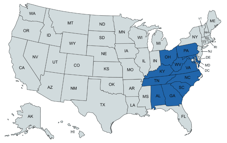 A map of the united states with each state labeled.